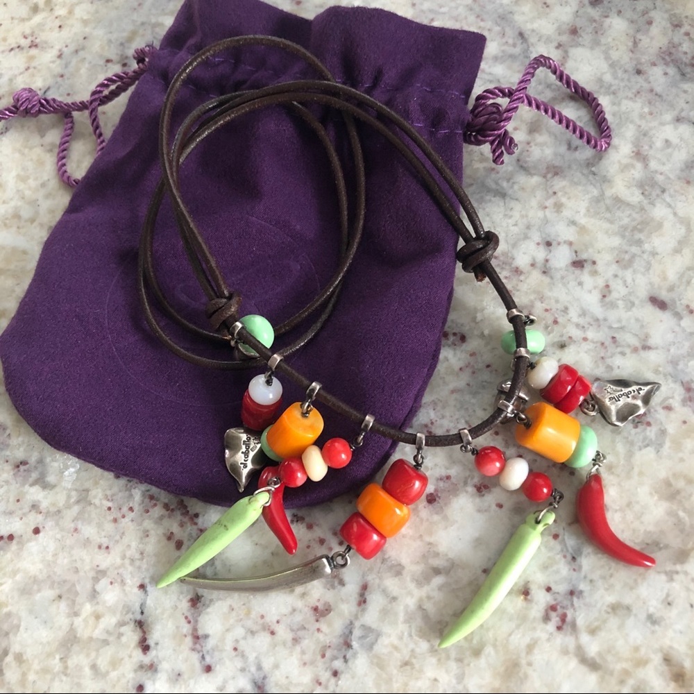 El Caballo Necklace Silver Coral Leather Cord B1-14